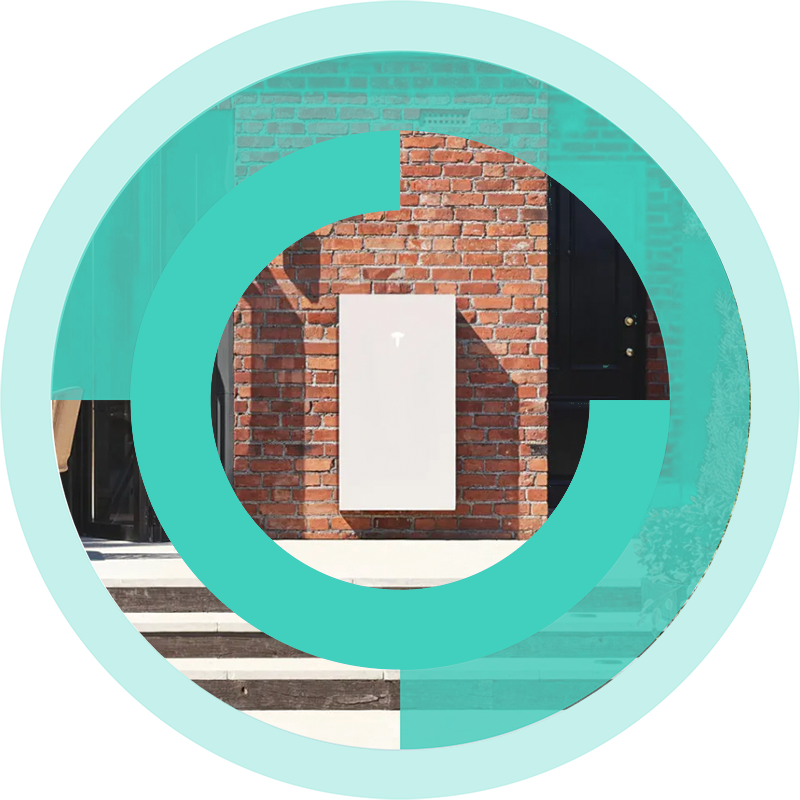 Home battery on a brick wall, framed by a Solar Heaven teal ring