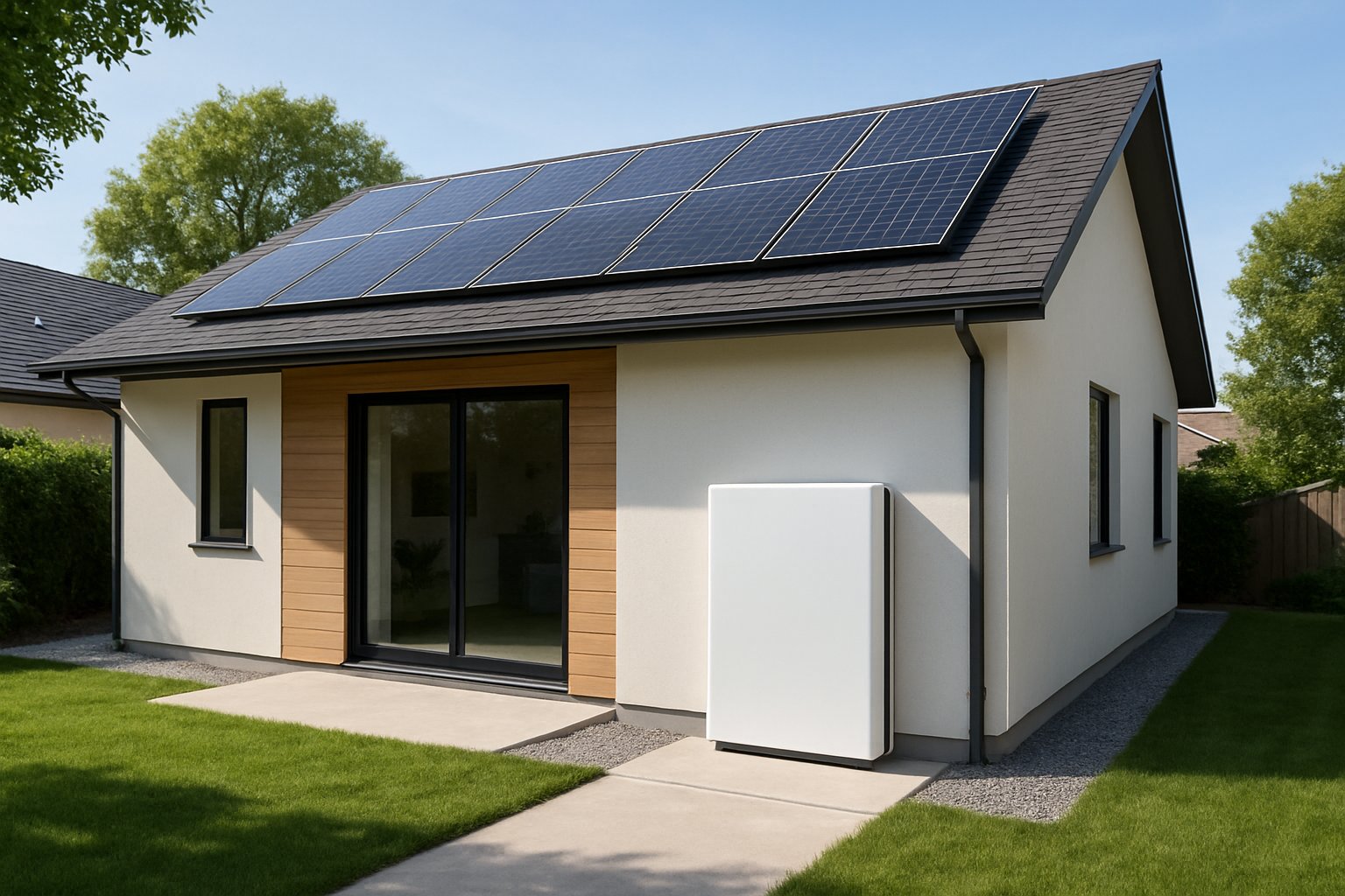 Home battery mounted on the outside wall of a modern house