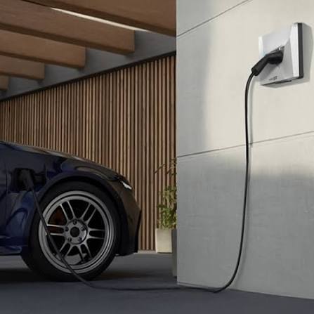 Wall-mounted EV charger plugged into a car