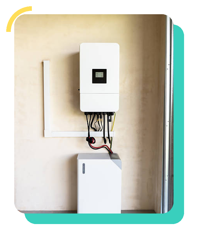 Wall-mounted hybrid inverter above a floor-standing home battery, in a Solar Heaven teal frame